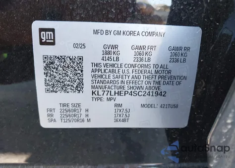 2025 Chevrolet Trax Fwd Lt z USA, uszkodzony, nr VIN KL77LHEP4SC241942